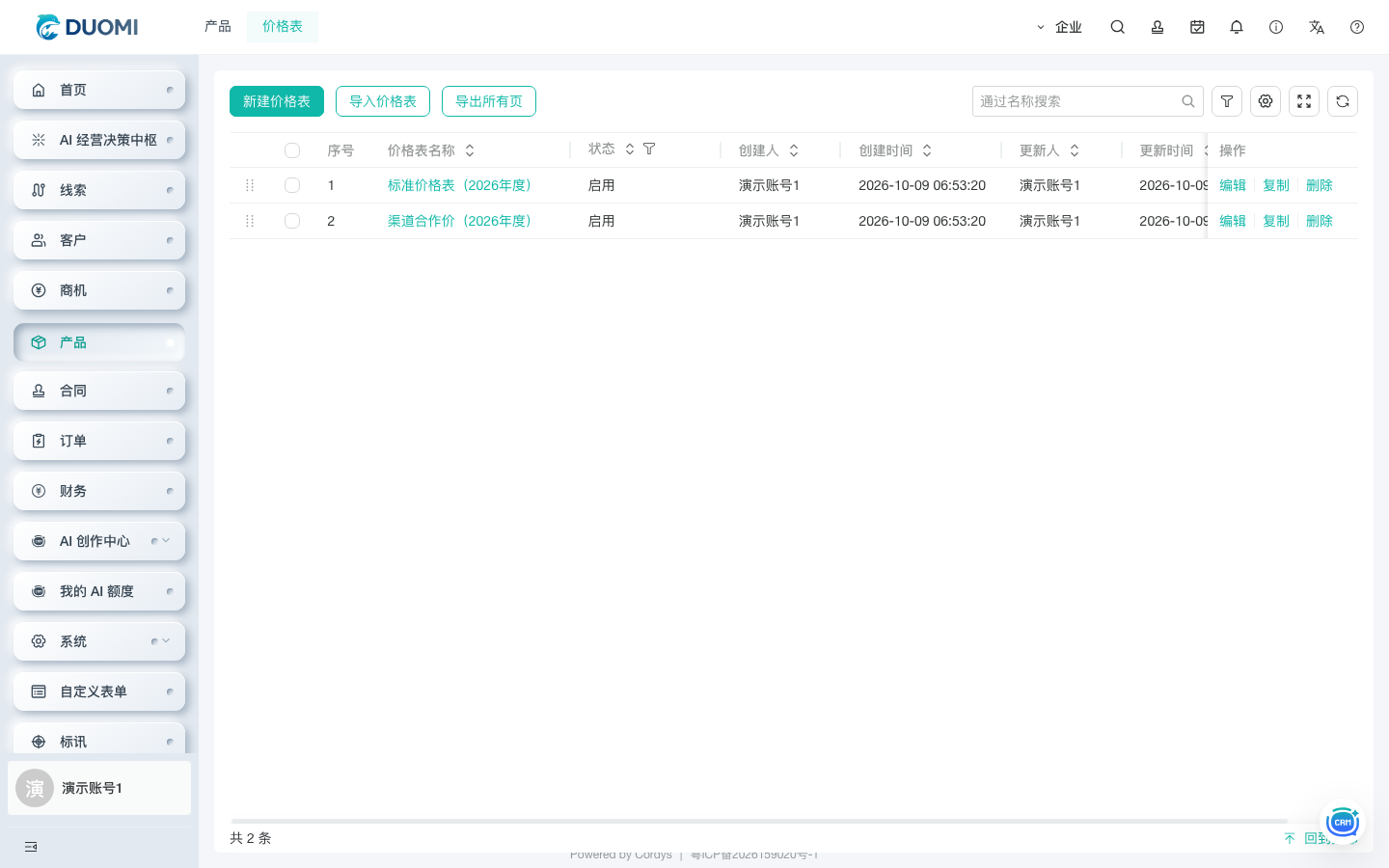 价格表